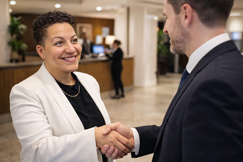 Aurore serre la main d’un professionnel.