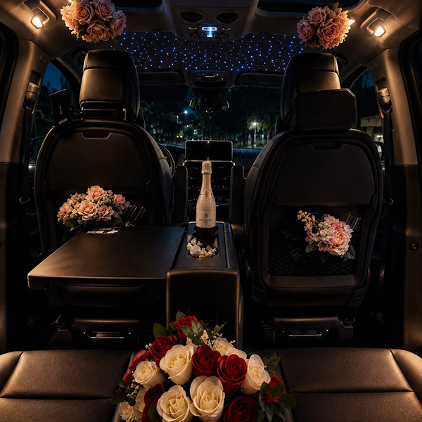 Service DomLove propose une voiture décorée dans une ambiance chaleureuse et romantique, ornée de roses.