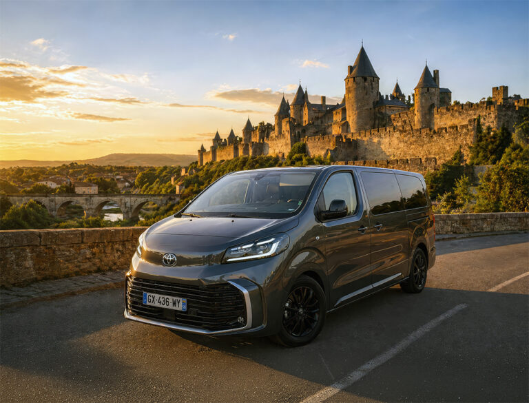 Van sur la route, profitant d’un magnifique coucher de soleil. VTC Toulouse